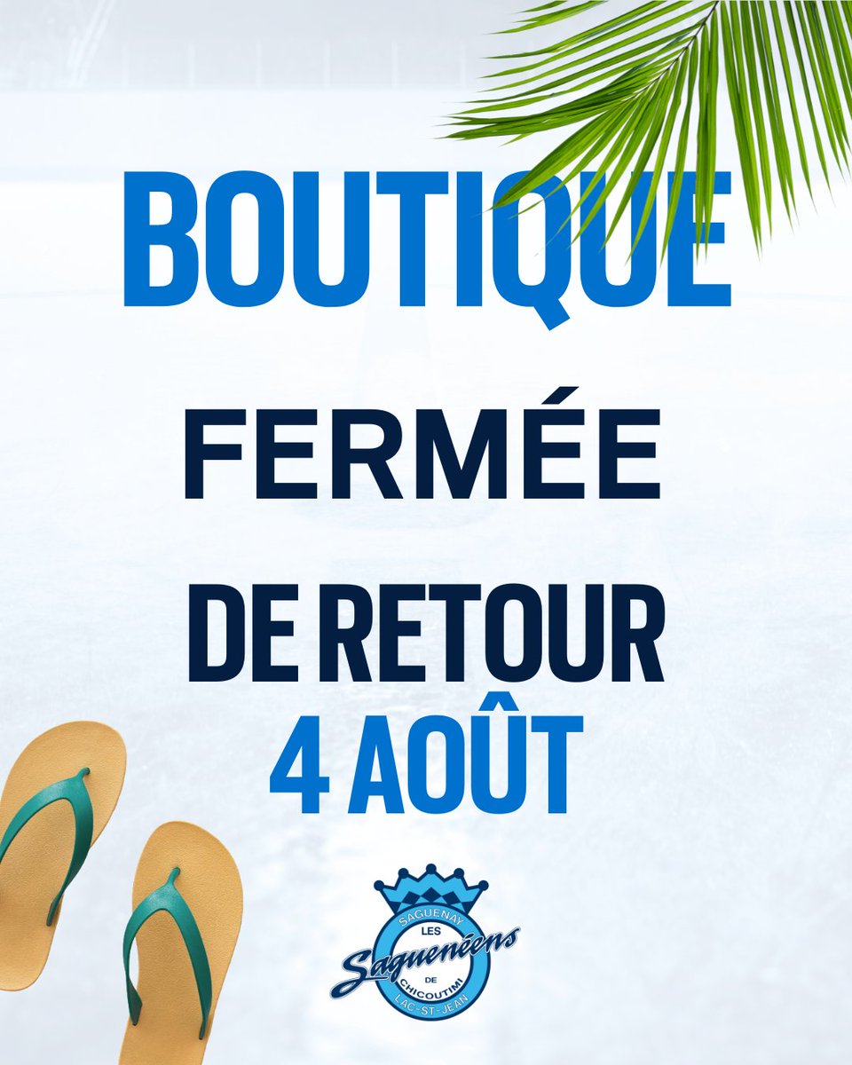 Veuillez prendre note que la boutique du Centre Georges-Vézina sera fermée du 4 juillet au 4 août☀️

🏖️La boutique en ligne restera ouverte lors de cette période, toutefois les commandes placées après le 4 juillet seront traitées au retour des vacances !

#fierdetresags
