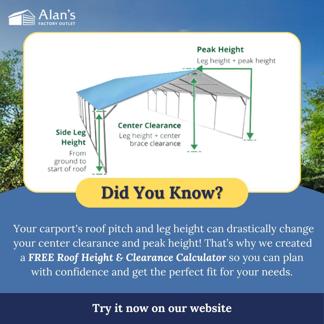 Did You Know?
The roof pitch and leg height of your carport can completely change the center clearance and peak height and that can impact what fits underneath! That’s why we built a FREE Roof Height &amp; Clearance Calculator – so you can design smarter and get exactly what you