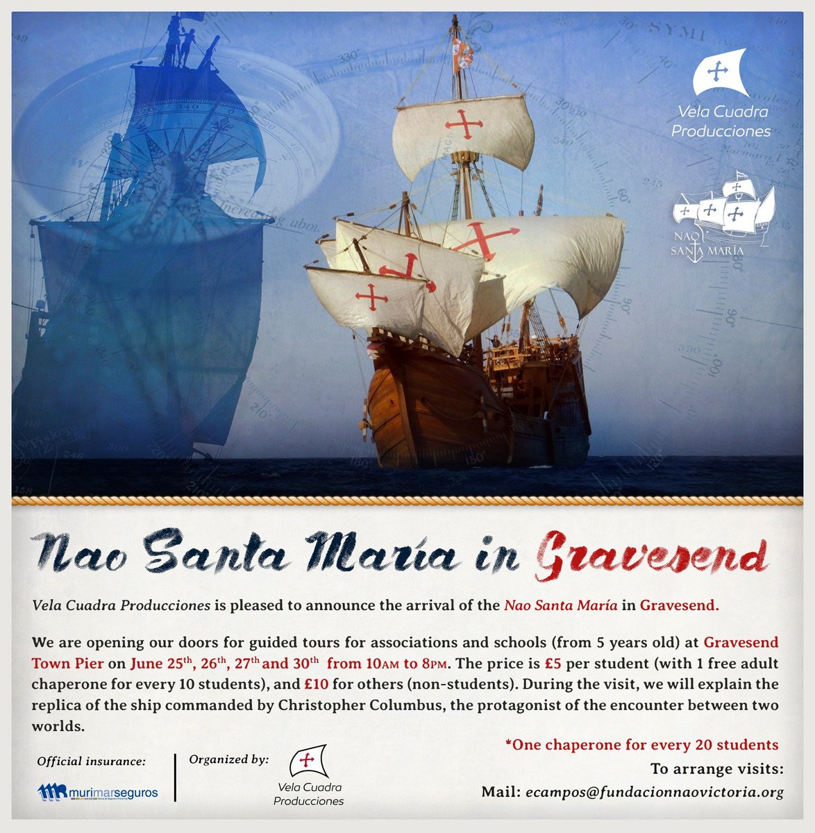 We are just 10 days away from welcoming Nao Santa María to #Gravesend pontoon &amp; YOUR CHANCE to step aboard this amazing replica of Christopher Columbus' vessel
They are also offering SPECIAL REDUCTIONS for Groups, Associations &amp; Schools
To Book E: ecampos@fundacionnaovictoria.org