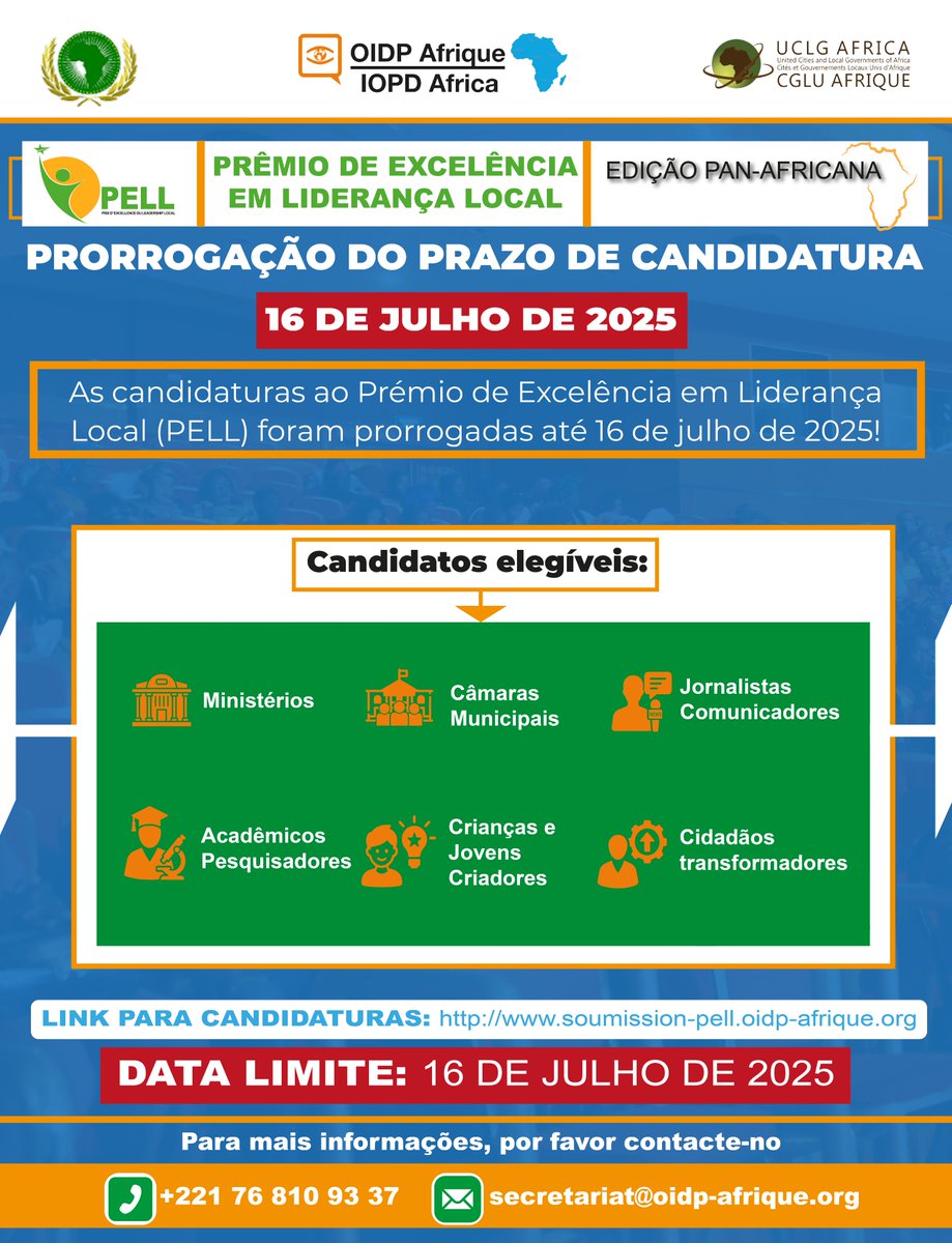 📍 INFORMAÇÃO IMPORTANTE: Prazo de submissão prorrogado até 16 de julho de 2025

📝 Candidate-se agora:
🔗 soumission-pell.oidp-afrique.org/home

📅 Prazo de submissão: 16 de julho de 2025
📞 Mais informações: +221 76 810 93 37 (WhatsApp)
📧 secretariat@oidp-afrique.org