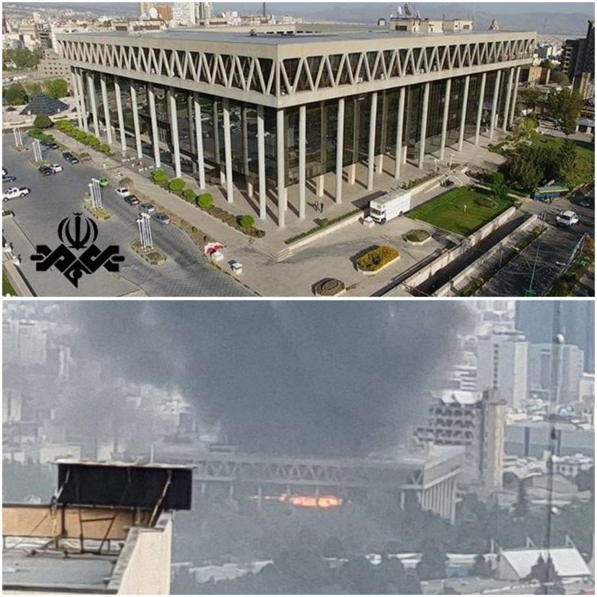 jhosia28's tweet photo. The Iranian fake media news propaganda TV building before and after. #FightIsrael🇮🇱💪🔥 #Israel #Iran #IRGCterrorists #IRGCRadicalislamist https://t.co/bJ6aR4lGAf