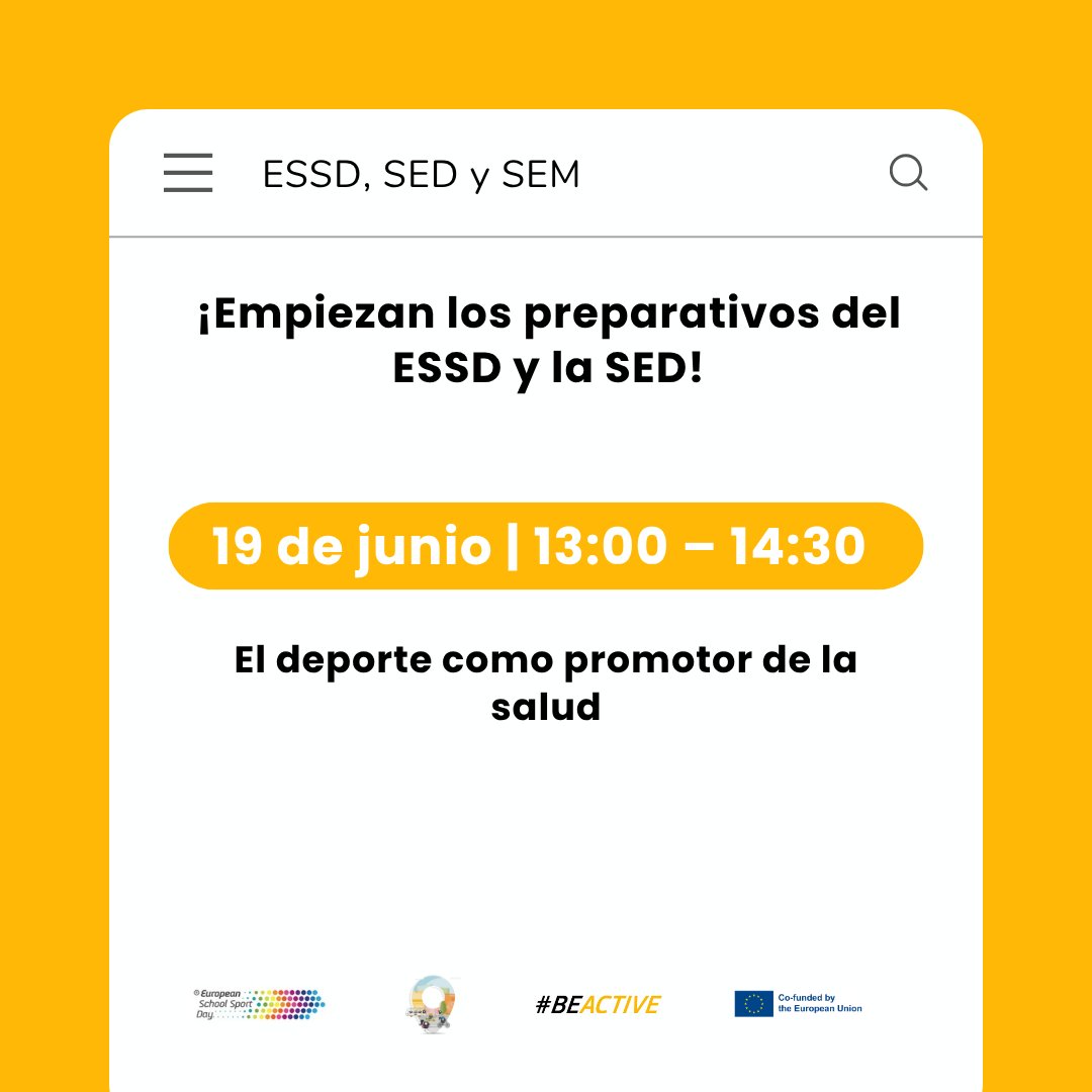 📢 ¡Hoy es el tercer webinar!
🕐 13:00 – 14:30
🎯 Tema: El deporte como promotor de la salud

👥 Una jornada que estamos compartiendo en red, junto a <a href="/espanasemueve/">España se Mueve</a>. 

<a href="/deportegob/">CSD</a> 

#BeActive #SemanaEuropeaDelDeporte #EuropeanWeekofSport #MobilityWeek #BeActive #ESSD #SeActivo