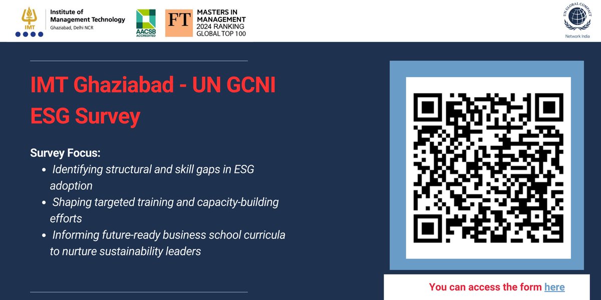 📢 Indian Businesses: Shape the future of #ESG! 🌱

Join the #UNGCNI x #IMT Ghaziabad survey to share how your organisation aligns with ESG goals.

Help drive change in business, training &amp; education!

👉 Take the survey now: lnkd.in/gRB2R93M

#Sustainability #SDG #UN