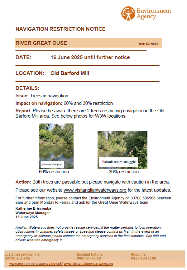 Please see our Navigation Restriction Notice for the River Great Ouse.