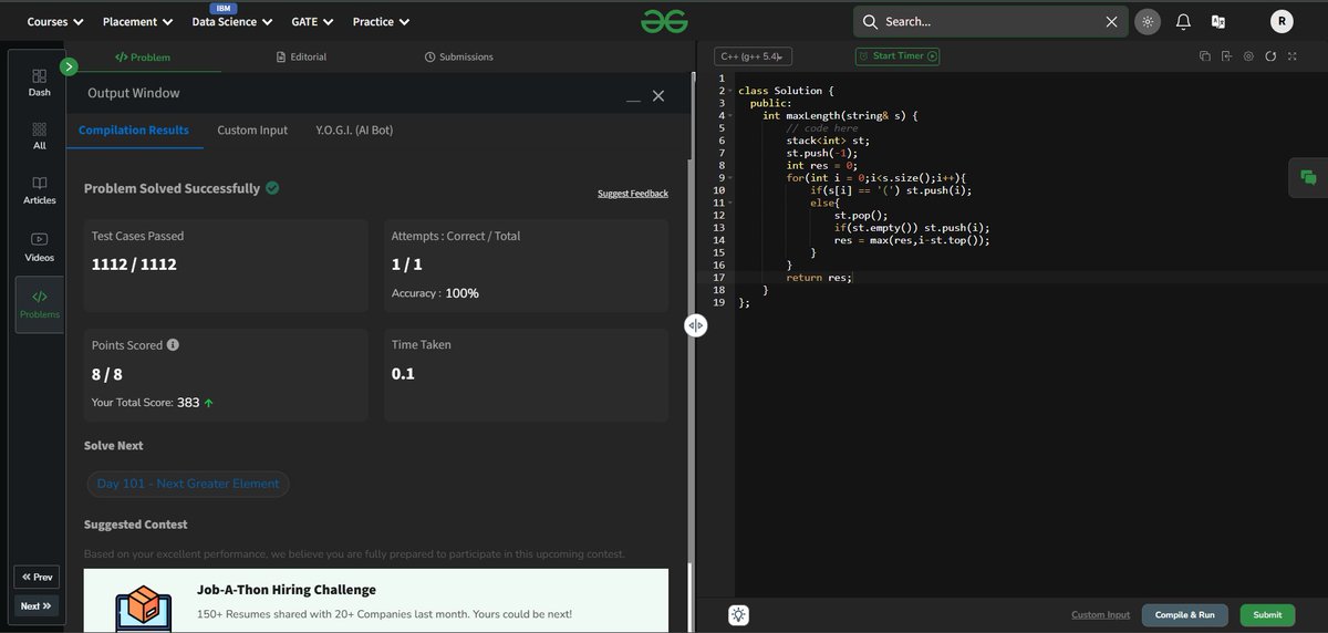 RupayanAuddya's tweet photo. Day 86 :- Longest Valid Parenthesis. #gfg160 &amp; #geekstreak2025.#dsa #coding #cpp. https://t.co/35P71Zdc2z