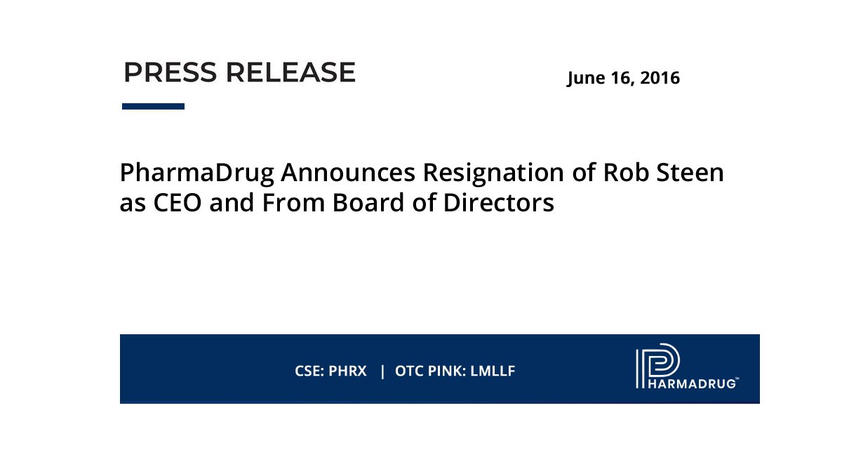 PharmaDrug Announces Resignation of Rob Steen as CEO and From Board of Directors

bit.ly/4e8gRLV

$PHRX $LMLLF | #CEO #Cepharanthine #Biotech  #LifeSciences