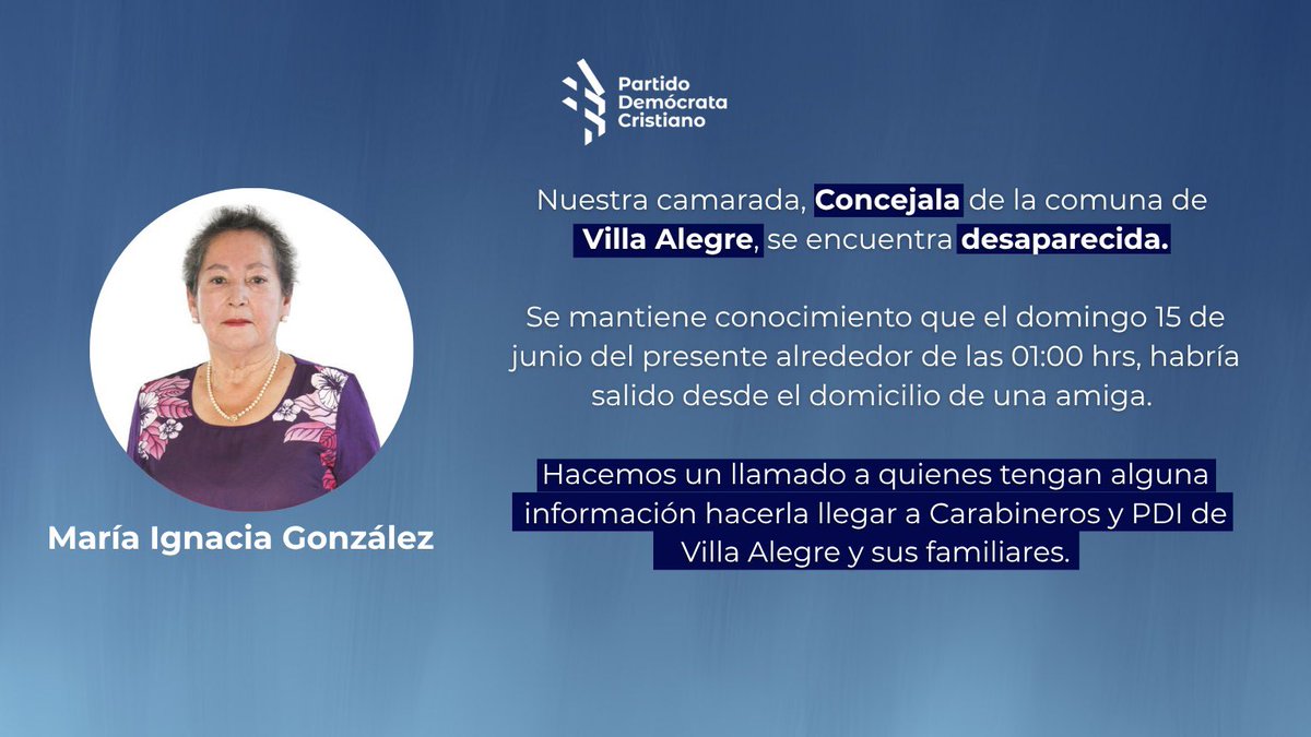 Nuestra camarada, Concejala de la comuna de #VillaAlegre, María Ignacia González se encuentra desaparecida.

Hacemos un llamado a quienes tengan alguna información hacerla llegar a <a href="/Carabdechile/">Carabineros de Chile</a> o <a href="/PDI_CHILE/">PDI Chile</a> de Villa Alegre y sus familiares.