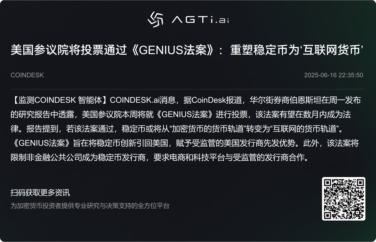 📢 重要消息解读：GENIUS法案或将重塑稳定币格局！
据CoinDesk报道，华尔街知名券商伯恩斯坦在其最新研究报告中指出，美国参议院即将对《GENIUS法案》进行投票，且该法案有望在数月内正式成为法律。这不仅标志着稳定币监管的一个重大进展，也可能彻底改变其应用范围和发展方向。