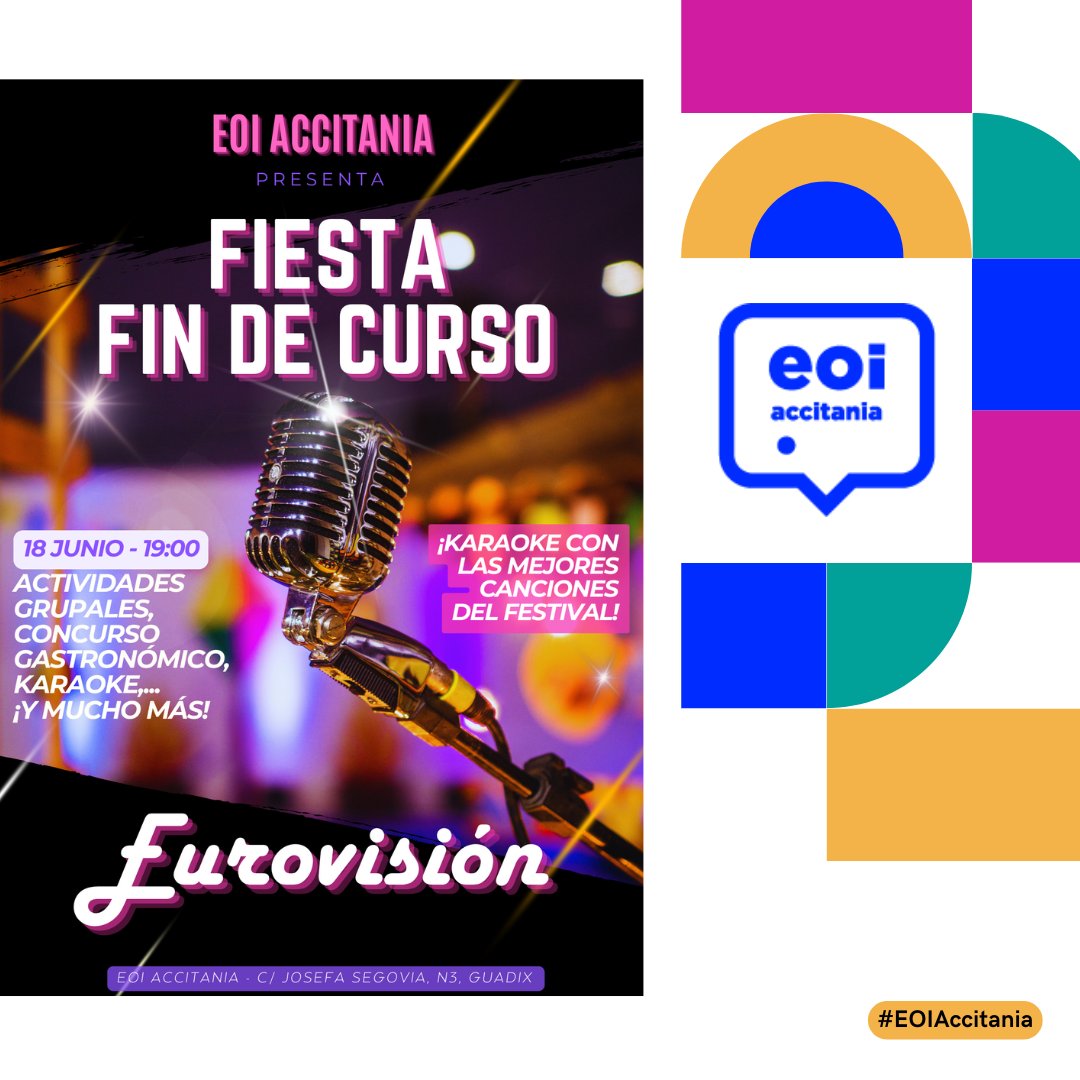 EOIAccitania's tweet photo. FIESTA FIN DE CURSO 24-25
Miércoles 18 - 19:00hrs - #eoiaccitania
Si tú también eres una diva valiente y poderosa, únete al karaoke eurovisivo con el que despedir el curso. Como ya es tradición... ¡concurso gastronómico! Y más actividades. ¡Te esperamos! https://t.co/4C9Acthg3I