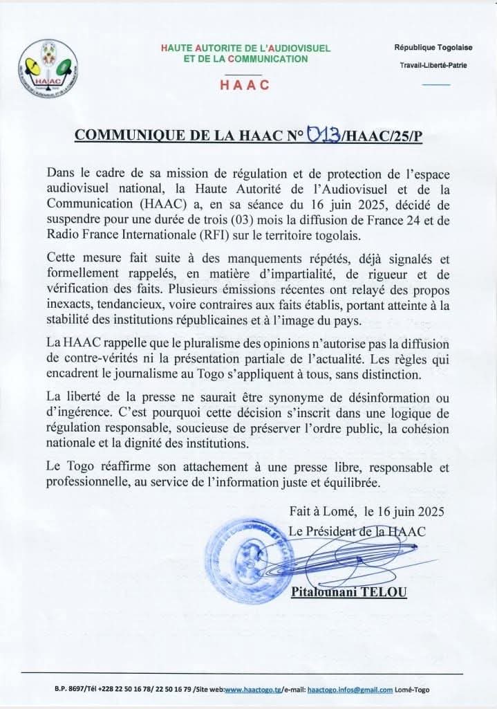 FadilPaola's tweet image. La #mission de la #HAAC est de #garantir un paysage #médiatique responsable, où chaque #voix respecte la #vérité et le #respect des #institutionsrépublicaines. La #suspension de @FRANCE24 et @RFI est une réponse ferme pour #restaurer l'#ordre et la #sérénité.