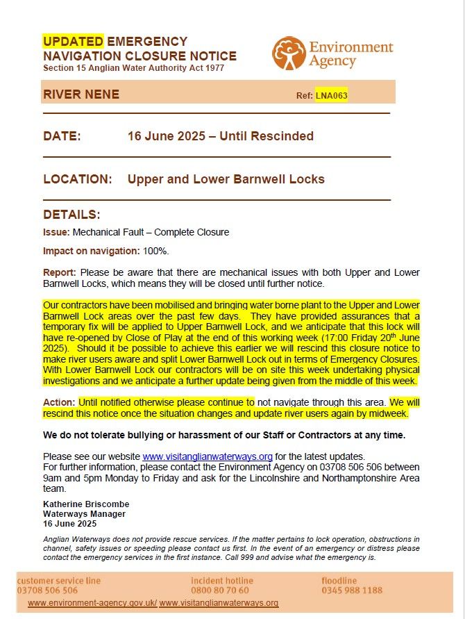 Please see our latest updated Emergency Navigation Closure Notice for the #RiverNene &amp; the Upper / Lower Barnwell Locks incident.  We anticipate Upper Barnwell Lock being re-opened by the end of this working week &amp; investigations continue at Lower Barnwell. Next update: midweek.