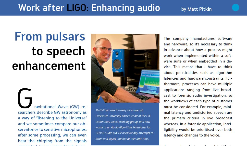LIGO (@ligo) on Twitter photo Gravitational-wave research skills have many applications in industry. Matt Pitkin's journey "From pulsars to speech enhancement" is just one example.
Read all about it in <a href="/LIGOMagazine/">LIGO Magazine</a>
ligo.org/wp-content/upl… Gravitational-wave research skills have many applications in industry. Matt Pitkin's journey "From pulsars to speech enhancement" is just one example.
Read all about it in <a href="/LIGOMagazine/">LIGO Magazine</a>
ligo.org/wp-content/upl…