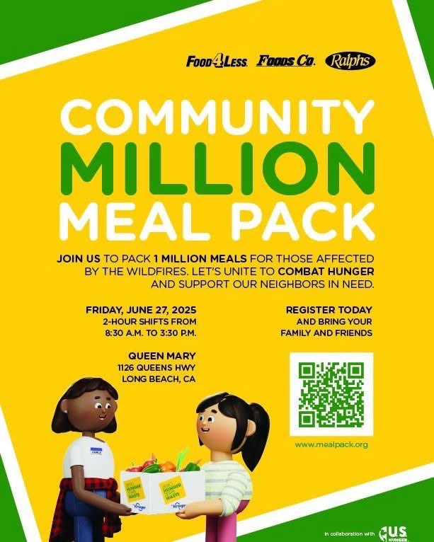 Join us on 6/27 for a powerful Community Day of Service aboard the Queen Mary in #LongBeach! 🚢

We're teaming up with <a href="/kroger/">Kroger</a> &amp; <a href="/US_Hunger/">U.S. Hunger (Formerly FCE)</a> 2 pack 1 million meals 4 local food banks and wildfire-impacted communities. 

Sign up @: [mealpack.org](mealpack.org)