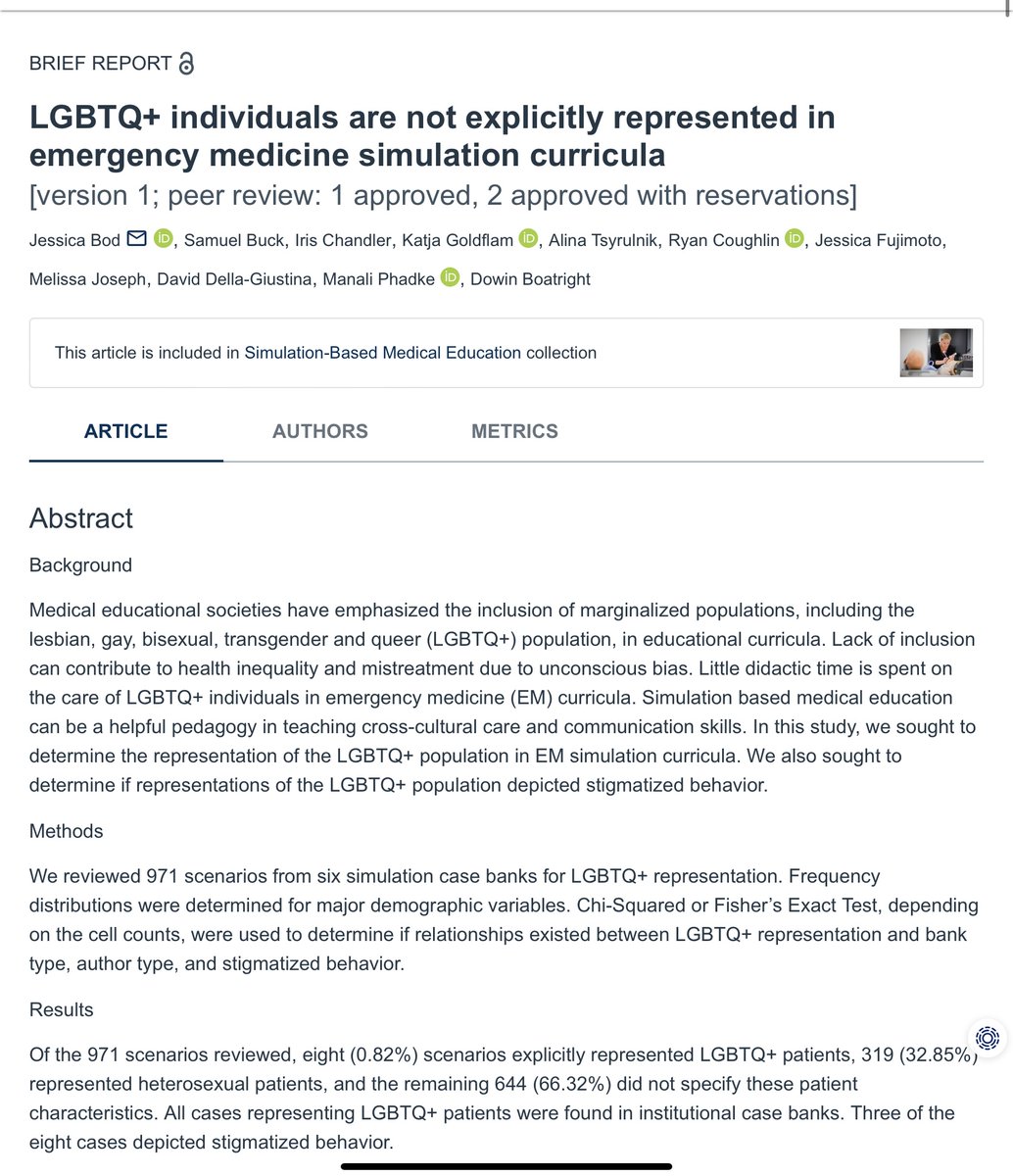🏳️‍🌈 Representation matters. A recent journal article in #MedEdPublish highlights the lack of explicit LGBTQ+ inclusion in emergency medicine simulation curricula. This #PrideMonth, let’s commit to more inclusive health professions education.

Read more: ow.ly/s2fw50WaaSN