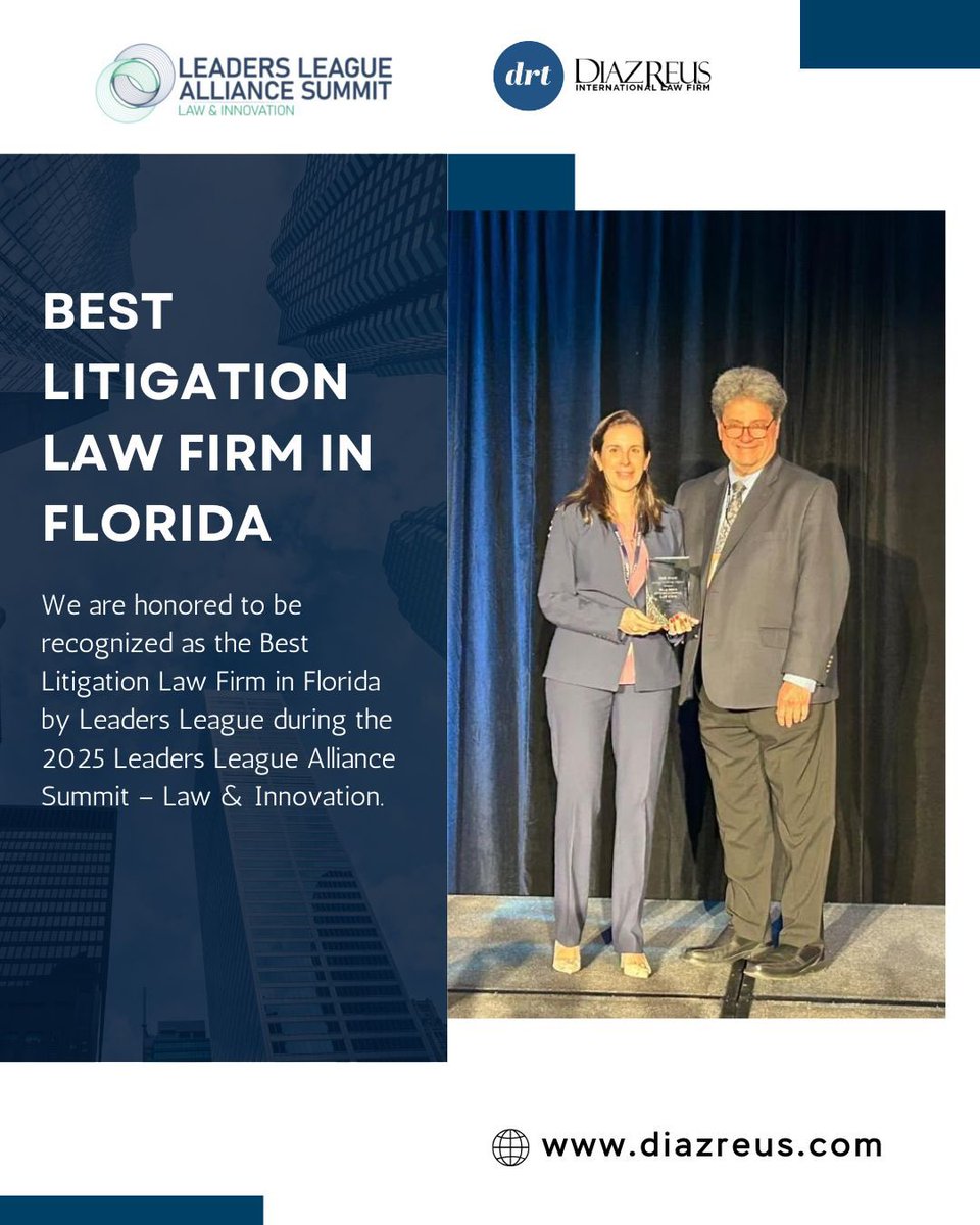 DRT_Alliance's tweet photo. We are proud to share that Diaz Reus has been named Best Litigation Law Firm in Florida by Leaders League, during the 2025 Alliance Summit – Law & Innovation, held in Miami.
#DiazReus #LeadersLeague #LitigationExcellence #DRTAlliance #LegalRecognition #GlobalLitigation https://t.co/PLdKSzYtHD