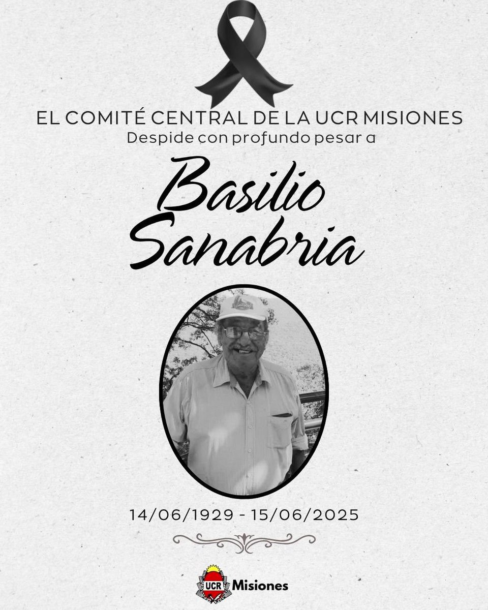 Desde la Unión Cívica Radical Misiones lamentamos con mucho pesar el fallecimiento del correligionario Basilio Sanabria, quien se desempeñó como concejal del Municipio de General Urquiza en el año 1963.

Acompañamos a sus familiares y amigos en este doloroso momento. Q.E.P.D.🕊️
