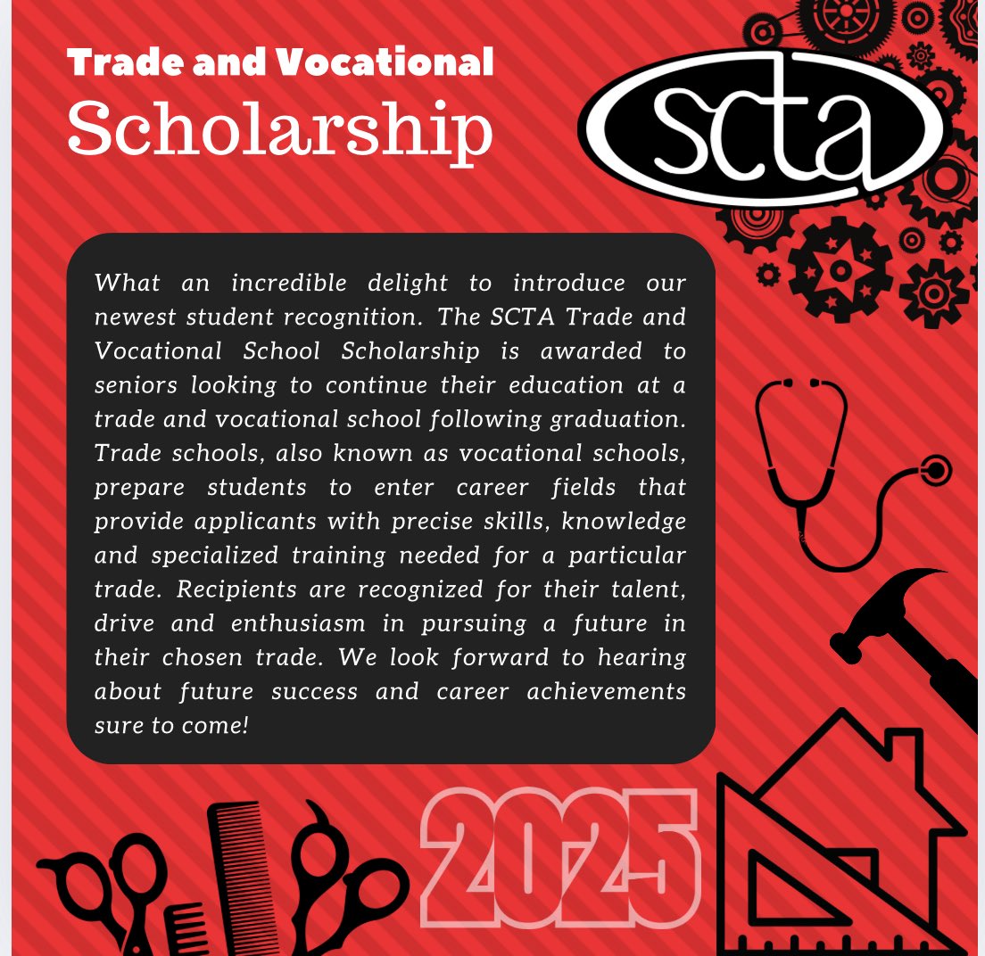 📣 We’re proud to announce the SCTA Trade &amp; Vocational School Scholarship! 🎓🔧 This award honors graduating seniors pursuing careers through trade or vocational schools. Recognized for their talent, passion, and drive, these students are on the path to building a skilled future!