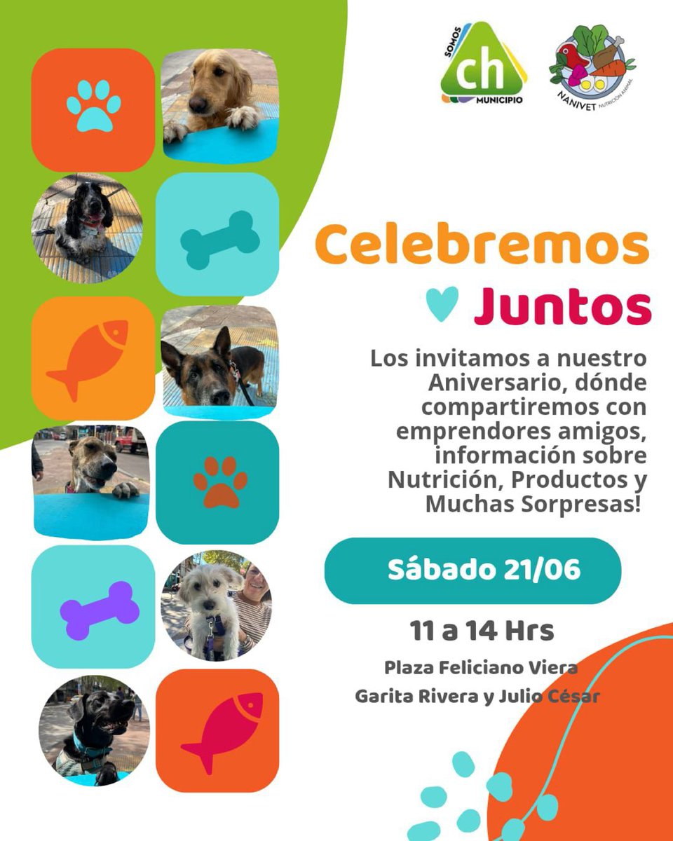 Este sábado 21/06 te esperamos en la Plaza Feliciano Viera para celebrar el aniversario de NANIVET junto a emprendedores amigos, charlas sobre nutrición, productos para mascotas y muchas sorpresas más.
De 11 a 14 hs en Garita Rivera y Julio César.
¡No te lo pierdas!

#SomosCH