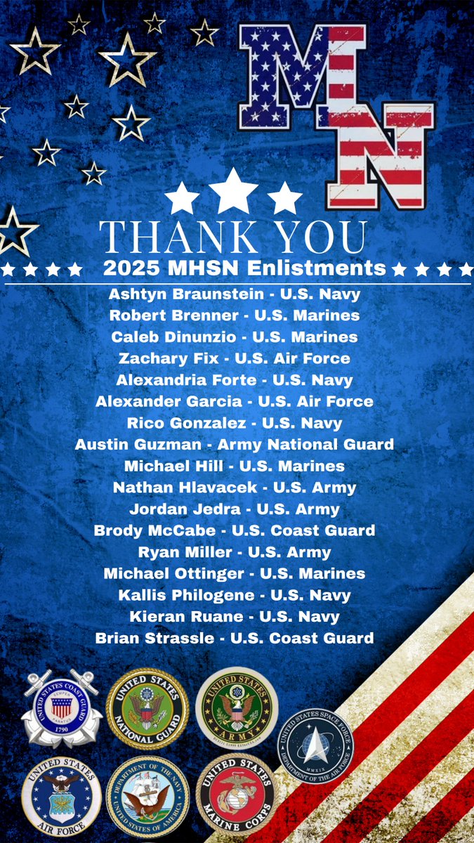 MHSN Student Gov (@mhsnstudentgov) on Twitter photo We proudly recognize and thank the courageous students from the Middletown High School North Class of 2025 who have enlisted in the United States military. Your willingness to serve our nation and defend our freedoms is an inspiration to us all. <a href="/HighSchoolNorth/">High School North</a> <a href="/MattFerriMHSN/">MHSN Principal Ferri</a> We proudly recognize and thank the courageous students from the Middletown High School North Class of 2025 who have enlisted in the United States military. Your willingness to serve our nation and defend our freedoms is an inspiration to us all. <a href="/HighSchoolNorth/">High School North</a> <a href="/MattFerriMHSN/">MHSN Principal Ferri</a>