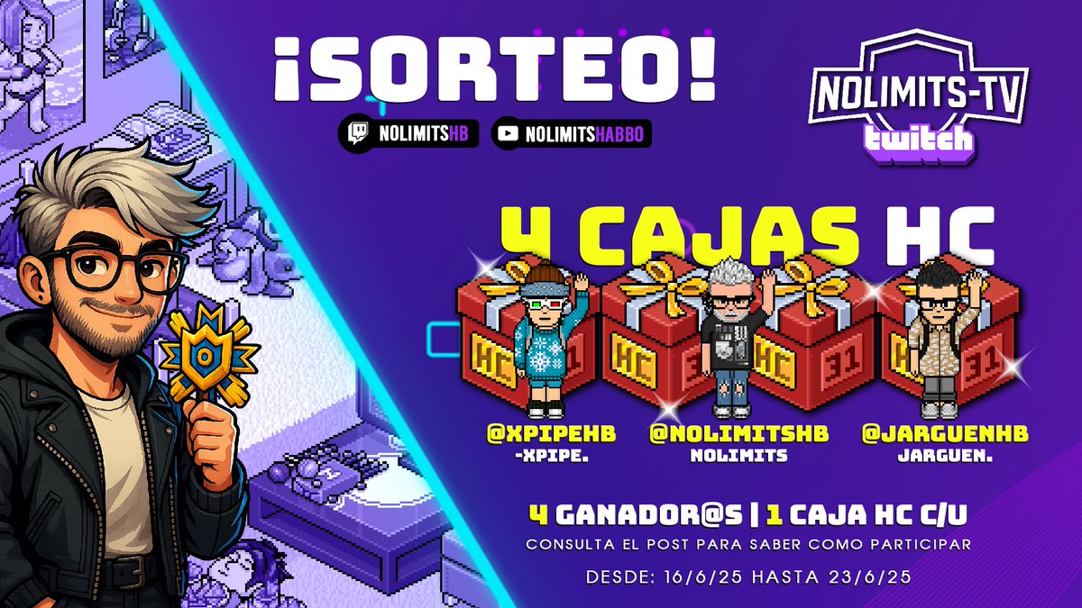 🎉 ¡SORTEO #NoLimitsTV!
🎁 4 Cajas HC (1 por ganador)

¿Quieres participar?
🔹 Sigue a: @NoLimitsHabbo <a href="/JarguenHB/">Jarguen.</a> <a href="/xPipeHB/">ｘＰｉｐｅ</a>
🔹 Like + RT
🔹 Comenta tu nombre Habbo.

No olvides seguirme en 📺 twitch.tv/nolimitshb 
¡Suerte a tod@s! 💥

 <a href="/Habbo/">Habbo</a> #NoLimitsHB #HabboSorteos