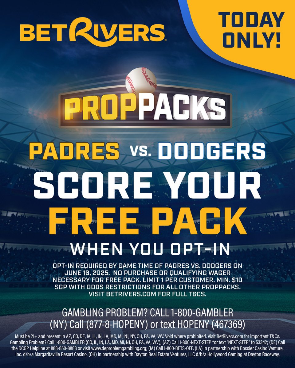 🚨 TODAY ONLY! 🚨

Score your FREE Prop Pack for Padres vs. Dodgers when you opt in at BetRivers.com ⚾️
