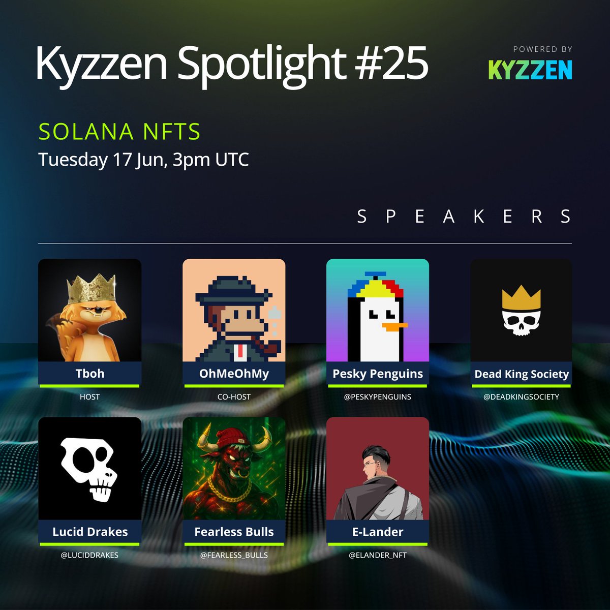 Kyzzen (@kyzzen_io) on Twitter photo Solana NFTs - Kyzzen Spotlight 🎙️
🕐Tomorrow 17 Jun, 3pm UTC
Special Guests:
<a href="/peskypenguins/">Pesky Penguins</a>
<a href="/DeadKingSociety/">Dead King Society</a>
<a href="/luciddrakes/">Lucid Drakes</a>
<a href="/Fearless_Bulls/">Fearless Bulls Club</a>
<a href="/elander_nft/">E-Lander</a>
Hosts:
<a href="/TbohDegen/">Tboh</a> & <a href="/OhMeOhMy_Sol/">OhMeOhMy | Kyzzen.io</a>
Set your reminders below 👇 Solana NFTs - Kyzzen Spotlight 🎙️
🕐Tomorrow 17 Jun, 3pm UTC
Special Guests:
<a href="/peskypenguins/">Pesky Penguins</a>
<a href="/DeadKingSociety/">Dead King Society</a>
<a href="/luciddrakes/">Lucid Drakes</a>
<a href="/Fearless_Bulls/">Fearless Bulls Club</a>
<a href="/elander_nft/">E-Lander</a>
Hosts:
<a href="/TbohDegen/">Tboh</a> & <a href="/OhMeOhMy_Sol/">OhMeOhMy | Kyzzen.io</a>
Set your reminders below 👇