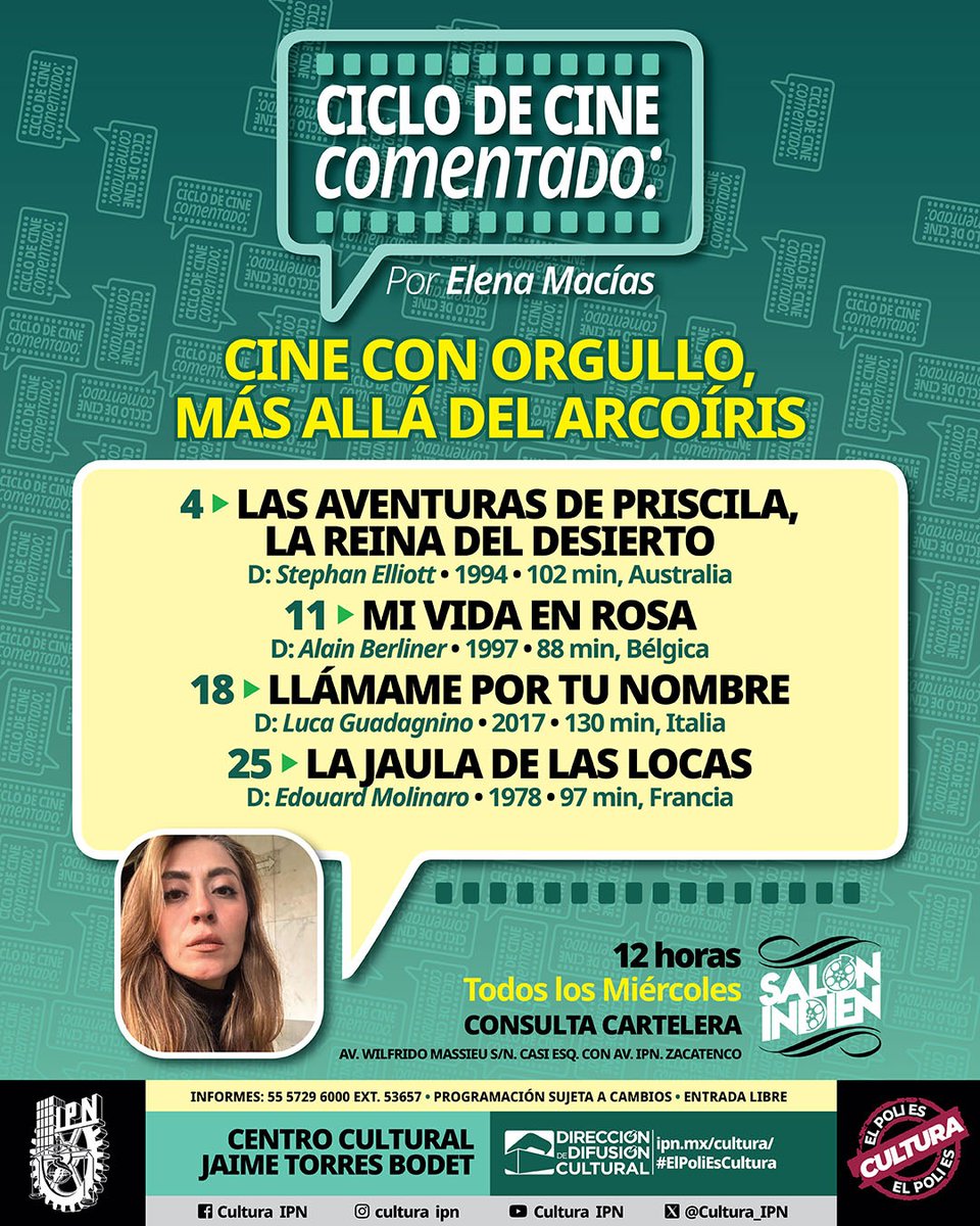 #CineEnElQueso Junio 2025. "Cine con Orgullo, Más Allá del Arcoíris", Ciclos de Cine Comentado con Elena Macías. ipn.mx/cultura/

📅 Todos los miércoles. ⏰ 12:00 horas.📍#SalónIndien, #CCJTB. 🎟️ #EntradaLibre.

#ElPoliEsCultura.