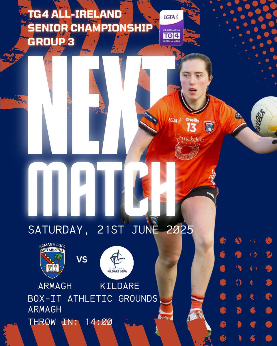 Armagh take on Kildare this Saturday in BOX-IT Athletic Grounds at 2.00pm

💥The club with most support will be in with a chance of winning 10 O'Neills footballs 💥

Ticket Link ⤵️
universe.com/events/tg4-all… 

Wear club colours,take the flags,get the signs made

BRING THE NOISE 🧡