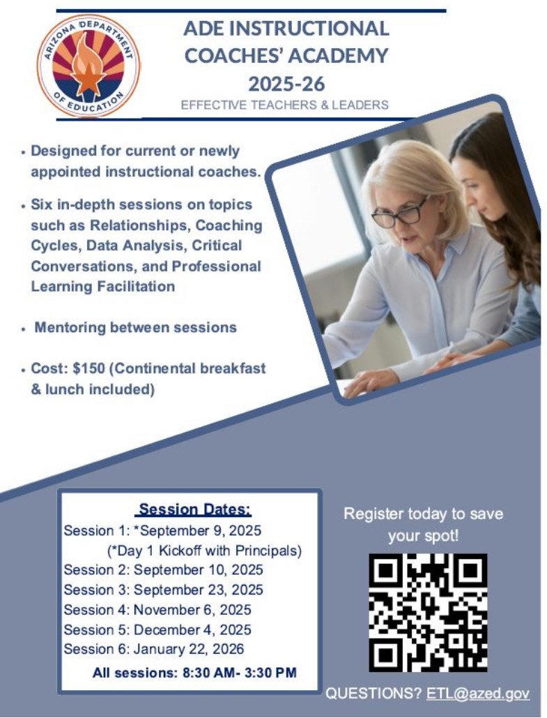 Arizona Department of Education (@azedschools) on Twitter photo Calling all Instructional Coaches in #Arizona! Are you ready to deepen your coaching practice and build a strong foundation for impactful instructional leadership? Join us.
Questions? ETL@azed.gov Calling all Instructional Coaches in #Arizona! Are you ready to deepen your coaching practice and build a strong foundation for impactful instructional leadership? Join us.
Questions? ETL@azed.gov
