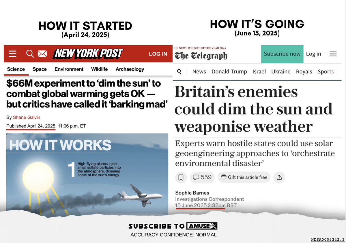 WEATHER MODIFICATION: The UK decided to inject aerosolized particles into the stratosphere to 'dim the sun' back in April. Now it is June and the UK is concerned that other countries will do the same, dimming the sun in England creating an environmental disaster. You literally