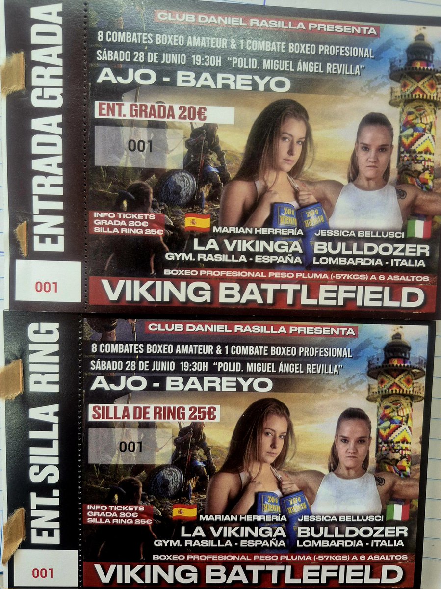 Ya tenemos en el gimnasio las entradas para la velada del 28 de Junio en el Polideportivo Miguel Angel Revilla de Ajo con la vuelta de Marian "La Vikinga" Herrería contra la italiana Jessica Bellusci mas 8 combates amateur.