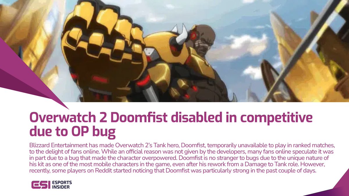 🚫 Doomfist has been benched from Overwatch 2 competitive matches.
Why? A bug that gave him infinite empowered punches. OP or overdue?
Details + community reaction ➡️ esportsinsider.com/2025/06/overwa…

#gaming <a href="/PlayOverwatch/">Overwatch</a> #overwatch2 #gamingnews