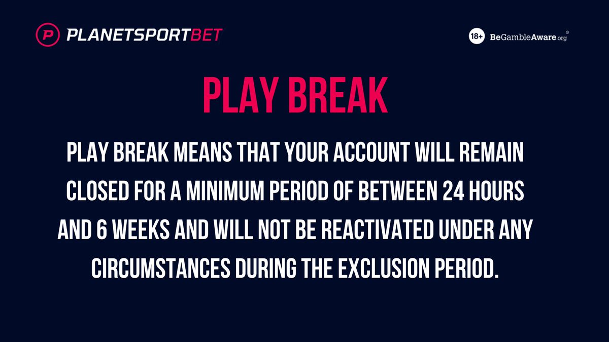 GAMBLE RESPONSIBLY:

We provide a Play Break facility which can be activated by the customer within 'My Account' or by contacting Support.

planetsportbet.com/?account=stati… 18+ | GambleAware
