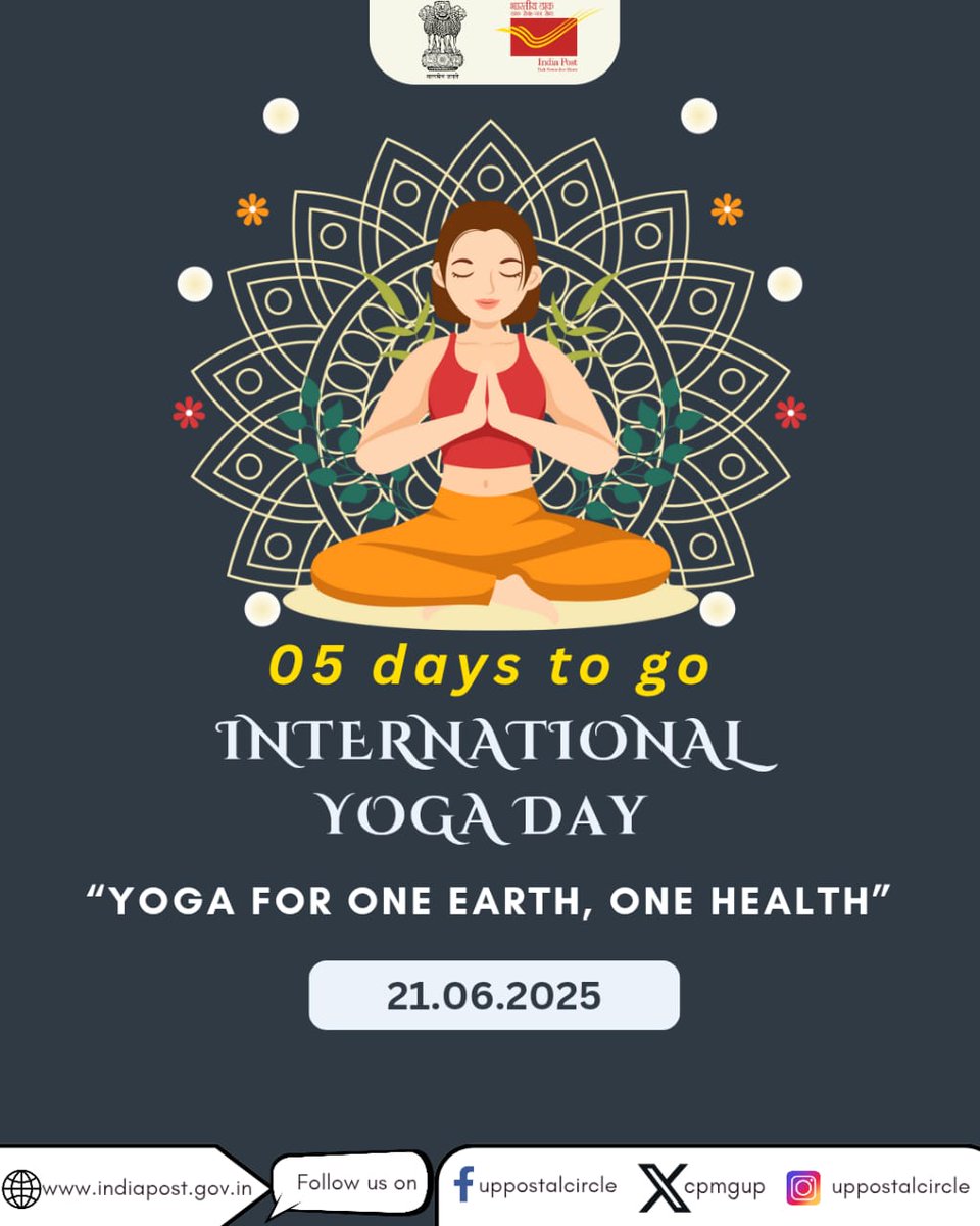 Uttar Pradesh Postal Circle (@cpmgup) on Twitter photo "The Countdown has begun"
Five days to go...
Are you all ready ???
#IDY2025
#YogaforOneEarth,OneHealth
<a href="/IndiaPostOffice/">India Post</a> <a href="/JM_Scindia/">Jyotiraditya M. Scindia</a> <a href="/PemmasaniOnX/">Dr. Chandra Sekhar Pemmasani</a> <a href="/PIB_India/">PIB India</a> <a href="/mygovindia/">MyGovIndia</a> <a href="/PibLucknow/">PIB in Uttar Pradesh</a> <a href="/airnewsalerts/">All India Radio News</a> <a href="/DDNewslive/">DD News</a> <a href="/AmritMahotsav/">Amrit Mahotsav</a> <a href="/ministryofayush/">Ayush</a> "The Countdown has begun"
Five days to go...
Are you all ready ???
#IDY2025
#YogaforOneEarth,OneHealth
<a href="/IndiaPostOffice/">India Post</a> <a href="/JM_Scindia/">Jyotiraditya M. Scindia</a> <a href="/PemmasaniOnX/">Dr. Chandra Sekhar Pemmasani</a> <a href="/PIB_India/">PIB India</a> <a href="/mygovindia/">MyGovIndia</a> <a href="/PibLucknow/">PIB in Uttar Pradesh</a> <a href="/airnewsalerts/">All India Radio News</a> <a href="/DDNewslive/">DD News</a> <a href="/AmritMahotsav/">Amrit Mahotsav</a> <a href="/ministryofayush/">Ayush</a>
