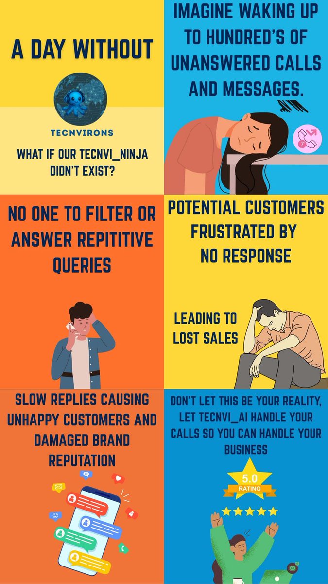 Tecnvirons's tweet photo. Imagine a day without Tecnvi_AI.
Missed calls 📞. Unanswered messages 💬.
Frustrated leads. Lost sales.
Your brand deserves better.
Let Tecnvi_Ninja handle your calls—so you can focus on business.
#AI #Tecnvirons #Automation #CX #HealthcareInnovation #healthcaremarketing #ai #IoT https://t.co/99LTT5iwqZ