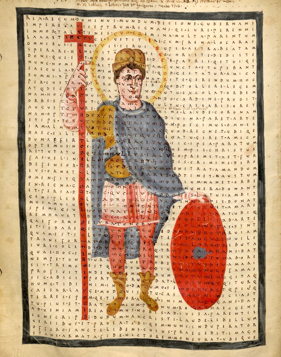 latinedisce's tweet image. Imagine the incredible patience of the Carolingian monks:

The text can be read the usual way—left to right, line by line.

But it also hides a second layer: follow the outlines of the figures, and a new message emerges.