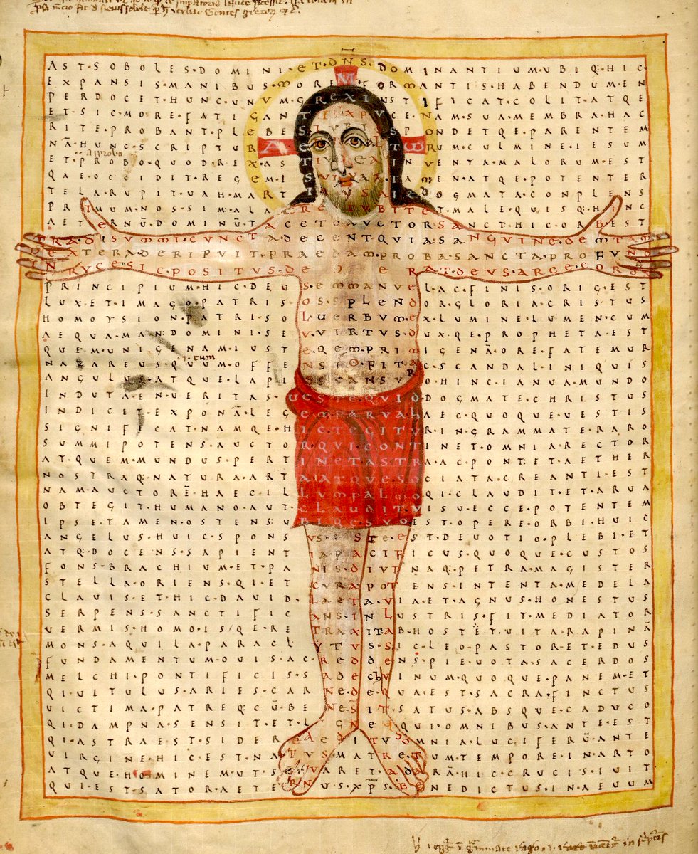 latinedisce's tweet image. Imagine the incredible patience of the Carolingian monks:

The text can be read the usual way—left to right, line by line.

But it also hides a second layer: follow the outlines of the figures, and a new message emerges.