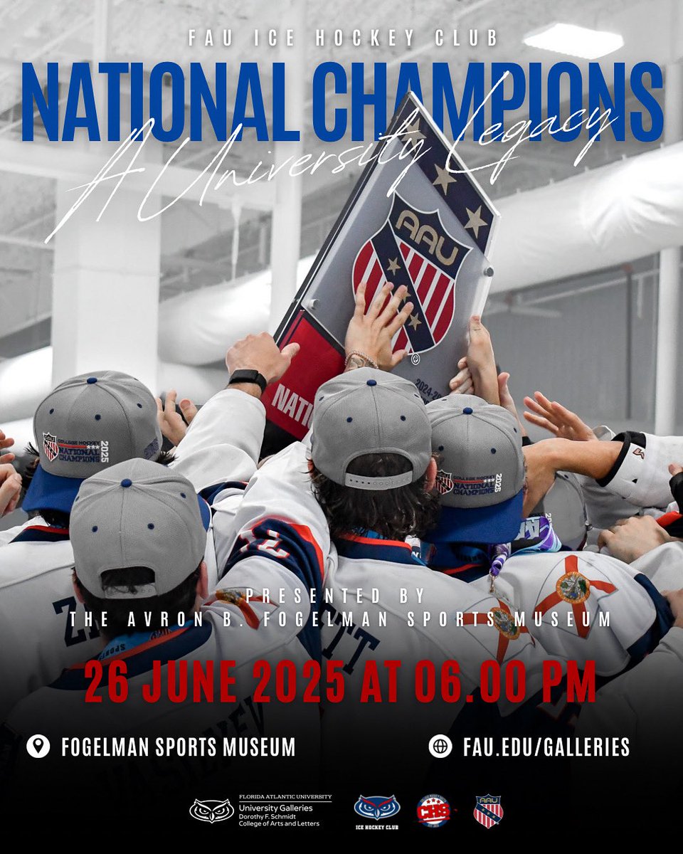 FAU ICE HOCKEY CLUB (@fau_hockey) on Twitter photo to commemorate our national championship win, our trophy will be on display at the Avron B. Fogelman Sports Museum from June 26 to August 11th!
join us on June 26 as we celebrate the opening reception and have a special surprise unveiled for the team thanks to <a href="/FAUgalleries/">University Galleries</a>! to commemorate our national championship win, our trophy will be on display at the Avron B. Fogelman Sports Museum from June 26 to August 11th!
join us on June 26 as we celebrate the opening reception and have a special surprise unveiled for the team thanks to <a href="/FAUgalleries/">University Galleries</a>!