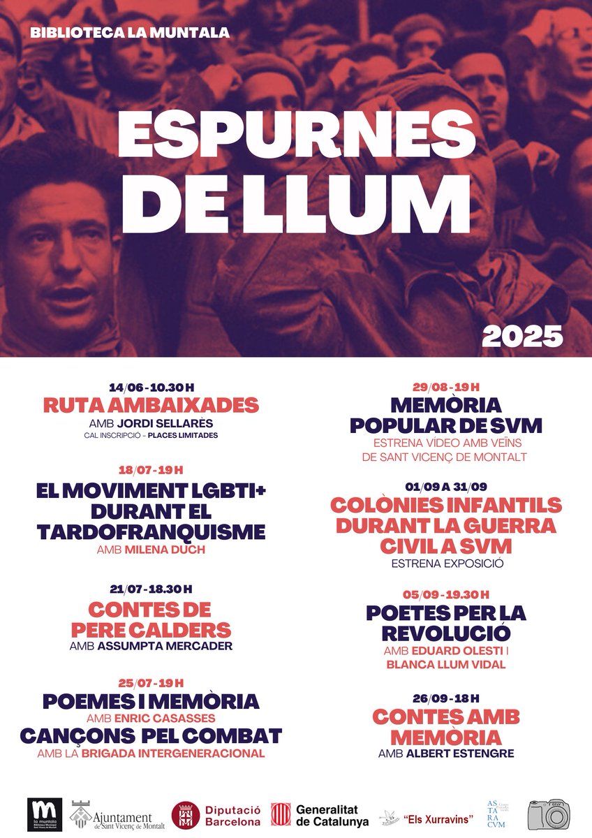 🔥EspurnesDeLlum, encén la memòria històrica a Sant Vicenç de Montalt amb activitats per recordar, comprendre i reivindicar. Rutes, poesia, exposicions i testimonis per no oblidar el passat i construir futur.
#MemòriaHistòrica #BibliosMaresme #bibliotequesXBM #EspurnesDeLlum