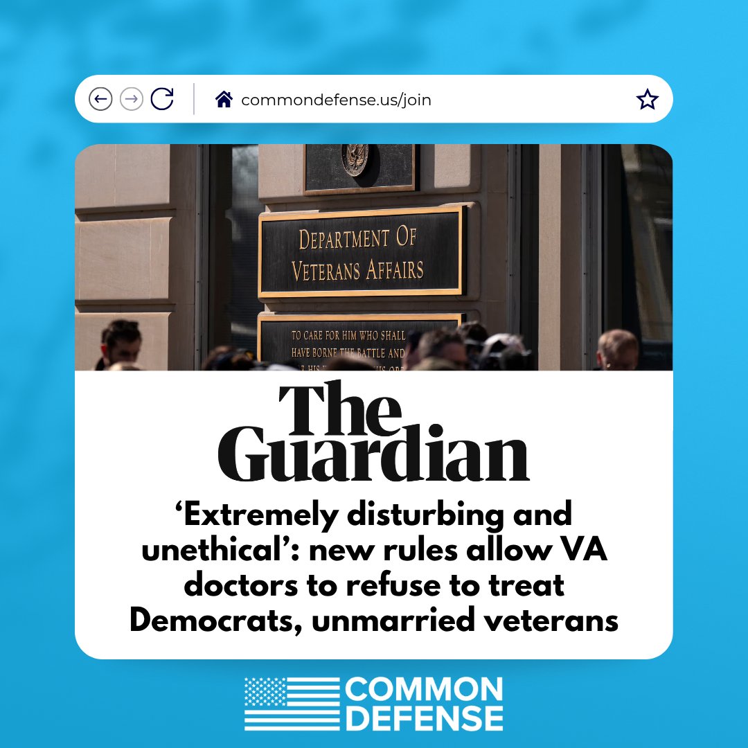 🚨 Outrageous. The VA is now letting doctors refuse care to veterans just because they're Democrats or unmarried.

This is a direct attack on those who served.

📖 Read more: bit.ly/disturbing-and…

#VetsDeserveBetter #ProtectVeterans #VAAccountability