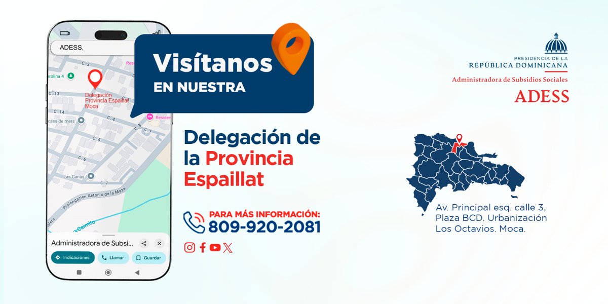 AdessRD's tweet photo. #AdessTeInforma
Cómo llegar a nuestra Delegación Provincia Espaillat, Avenida Principal esquina calle 3, Plaza BCD. Urbanización Los Octavios. Moca.
Para más información puedes llamarnos al 809-920-2081.
#EnAdessPensamosEnTi https://t.co/a0fST8cltw
