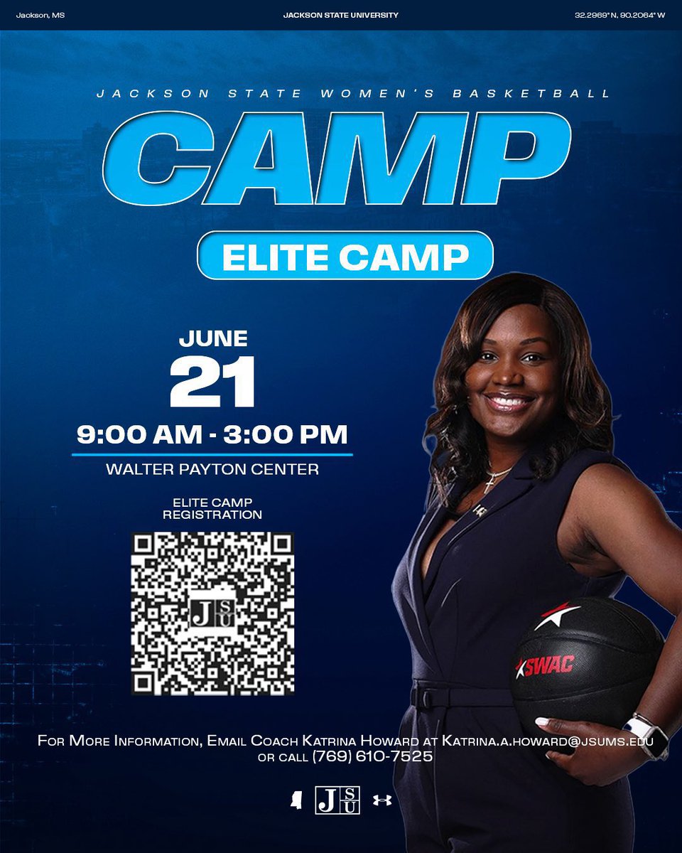 📢 Calling all HOOPERS! 🐅🔥

I’m inviting YOU to our Jackson State WBB Elite Camp on June 21st! Come compete, learn, &amp; experience what it’s like to be a LADY TIGER.

💪🏽 College-level development
📍 Jackson, MS
🚨 Limited Spots – Don’t miss it!

📩 DM me or scan the QR to
