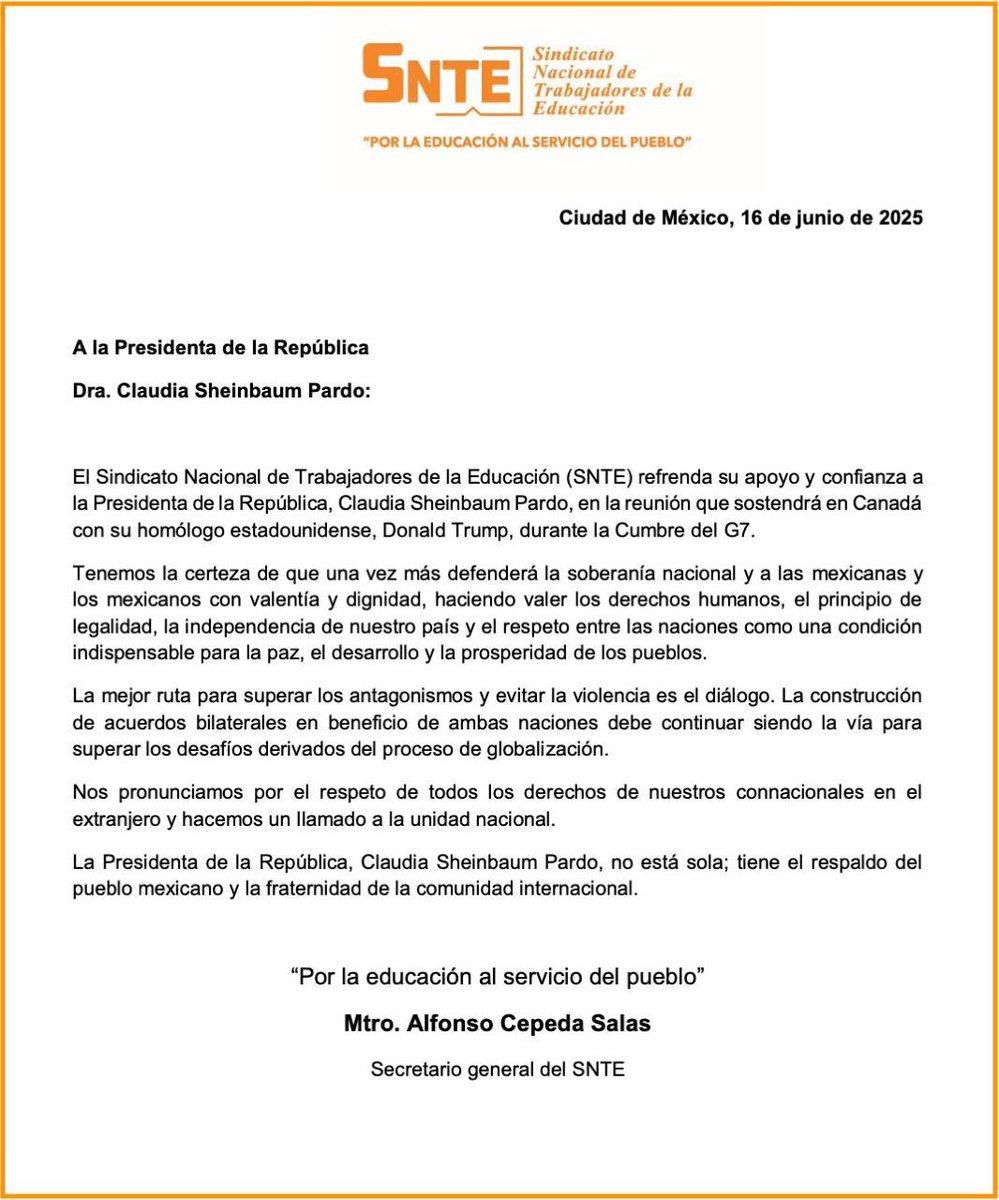 🇲🇽 El #SNTE y su Srio. Gral., Mtro. Alfonso Cepeda, respaldan a la Presidenta <a href="/Claudiashein/">Claudia Sheinbaum Pardo</a> en su encuentro con <a href="/realDonaldTrump/">Donald J. Trump</a>, en la #CumbreDelG7. Asimismo, se pronuncian por el respeto de los derechos de nuestros connacionales en el extranjero y la unidad nacional.