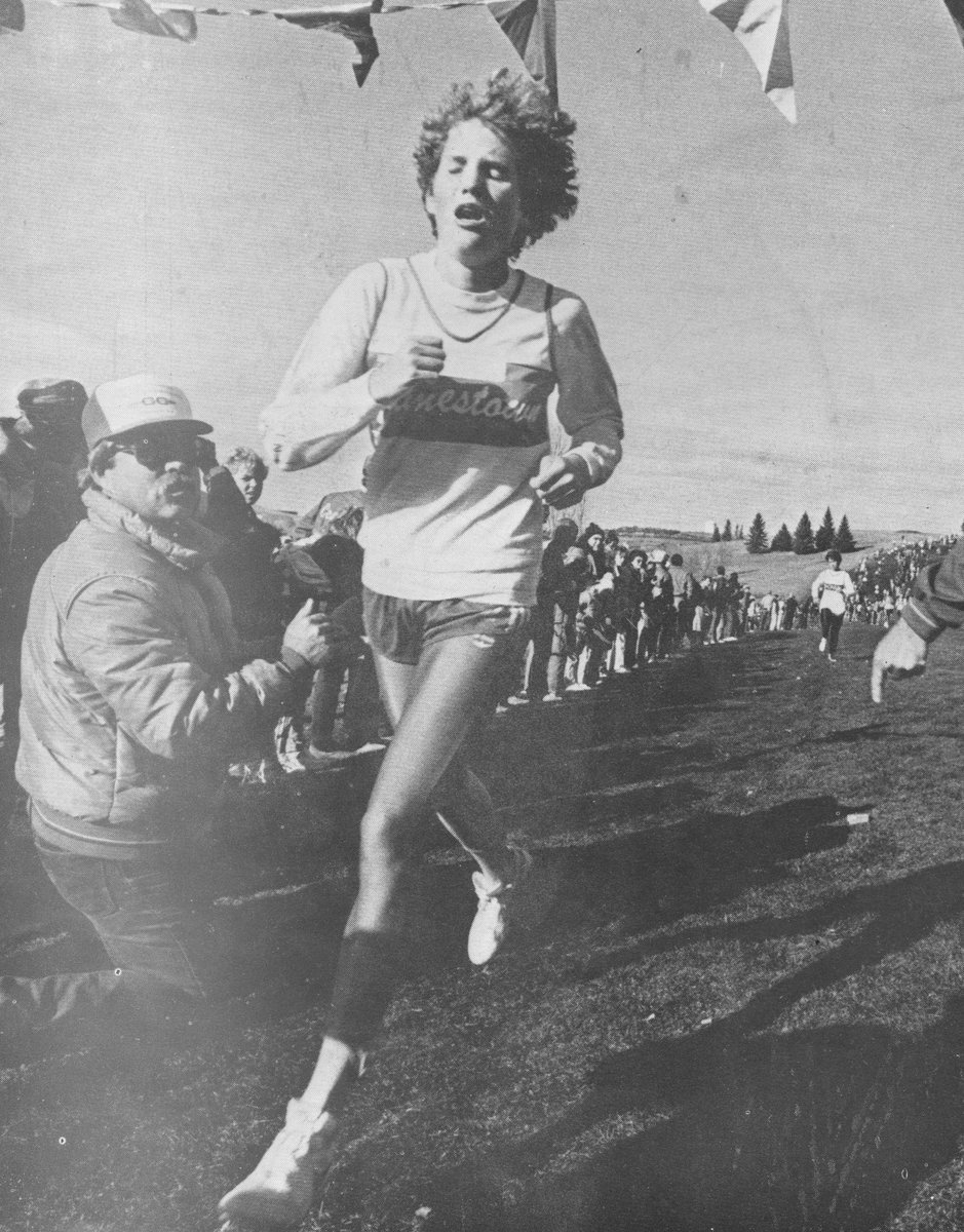 OLD SCHOOL
Jamestown's Jenny Schmeichel crosses the finish line at the 1986 state cross country meet. Schmeichel also won the title in 1990.
#wdaoldschool