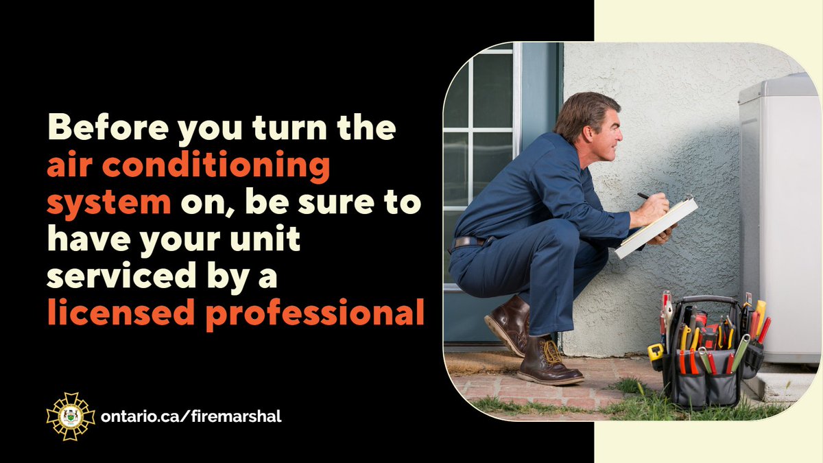Don’t Risk It: Service It: Ensure Safe AC Operation ❄️𖣘
 
Air conditioning systems can help cool your home in the summer. Prepare for a #heatwave by having your unit serviced by a licensed professional.  

#CarbonMonoxide #COPoison #COSafety #COAwareness #COSafetyON