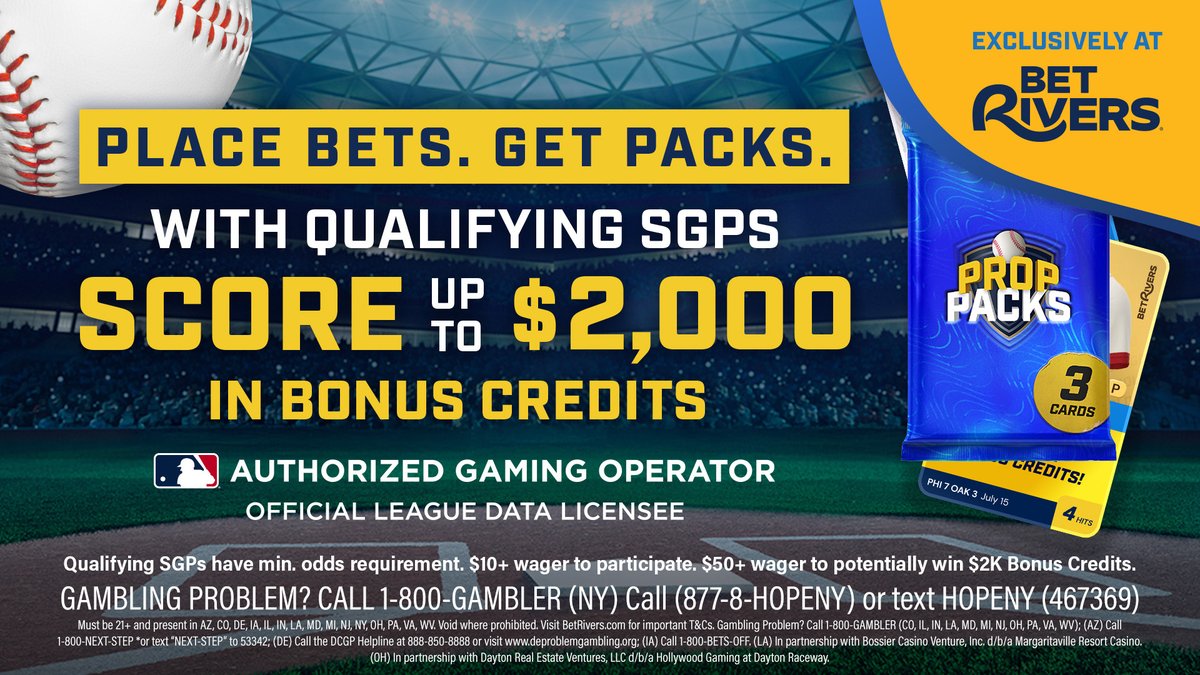 There's nothing like the excitement of opening a pack of baseball cards!  

Place qualifying SGP wagers for your chance to win up to $2,000 in Bonus Credits 💰   

Win 2x the prize if your player hits a home run or records a win!  

➡️ BetRivers.com