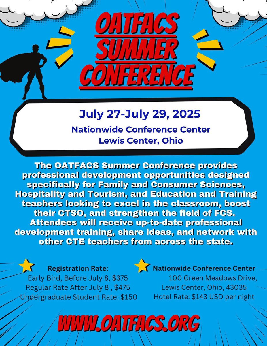 Hope you are all enjoying the start of SUMMER!☀️

Don’t forget to get registered for the OATFACS Summer Conference! 

CALLING ALL SUPERHEROS!!!

July 27-29, 2025 in Lewis Center, Ohio!

oatfacs.org