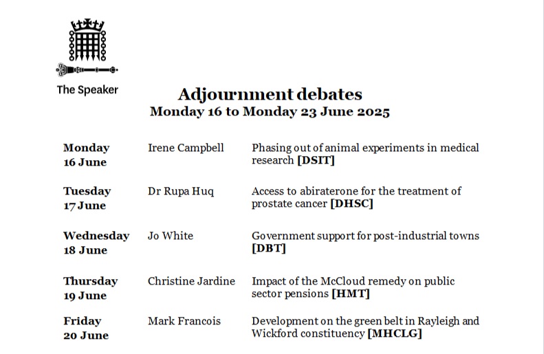 Newsflash: I'm one of just 5 MPs who has been selected to lead an adjournment debate this week  Anyone knowledgeable on "access to abiraterone" please email me with suggestions for my speech!

CC <a href="/ProstateUK/">Prostate Cancer UK</a>  <a href="/ProstatePioneer/">Prostate PIONEER</a> <a href="/PCR_News/">ProstateCancerResearch</a>
SPREAD THE WORD and tune in tomorrow 7pm