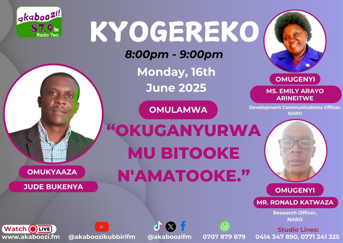 87.9 Akaboozi Fm (@akaboozifm) on Twitter photo "OKUGANYURWA MU BITOOKE N'AMATOOKE"
Leero mu Kyogereko ne <a href="/JudeBkenya/">Jude Bukenya</a>
<a href="/narouganda/">NARO Uganda</a>
<a href="/Parliament_Ug/">Parliament of Uganda</a>
<a href="/pwatchug/">Parliament Watch</a>
<a href="/GovUganda/">Government of Uganda</a>
<a href="/StateHouseUg/">State House Uganda</a>
#akaboozifm #Kyogereko "OKUGANYURWA MU BITOOKE N'AMATOOKE"
Leero mu Kyogereko ne <a href="/JudeBkenya/">Jude Bukenya</a>
<a href="/narouganda/">NARO Uganda</a>
<a href="/Parliament_Ug/">Parliament of Uganda</a>
<a href="/pwatchug/">Parliament Watch</a>
<a href="/GovUganda/">Government of Uganda</a>
<a href="/StateHouseUg/">State House Uganda</a>
#akaboozifm #Kyogereko