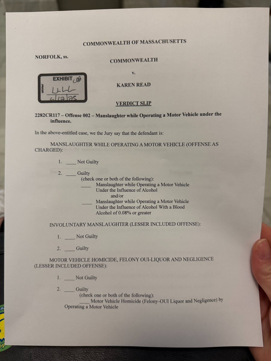 KristinaRex's tweet image. NEW -- Here's the proposed verdict slip by the defense team for Charge 2, manslaughter while OUI. This has been denied by the judge. #WBZ